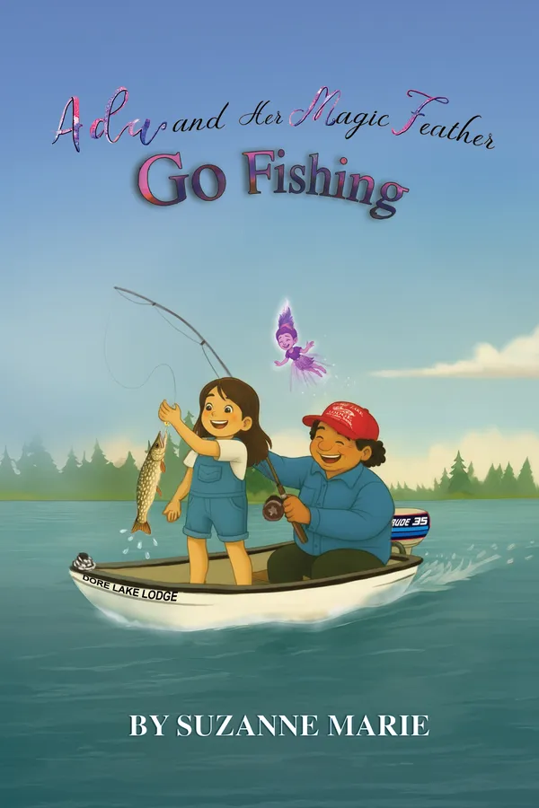 Ada and Her Magic Feather Go Fishing by Suzanne Marie, cover: Ada holds up a fish in a boat on a lake while Magic Feather flies overhead