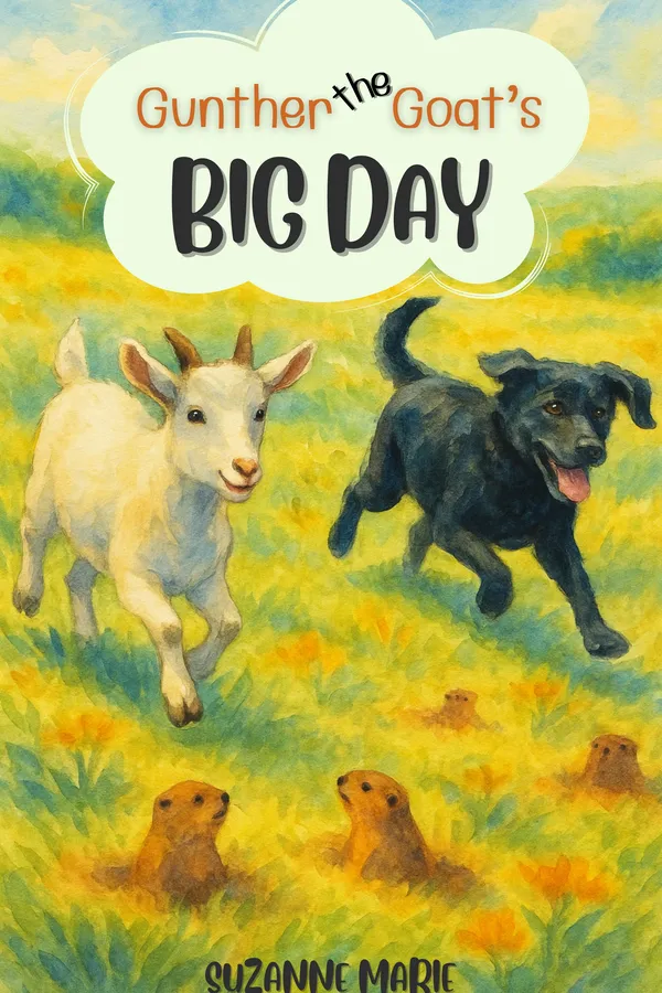 Gunther the Goat's Big Day by Suzanne Marie, cover: A little white goat and a black dog run through a sunny meadow of yellow flowers