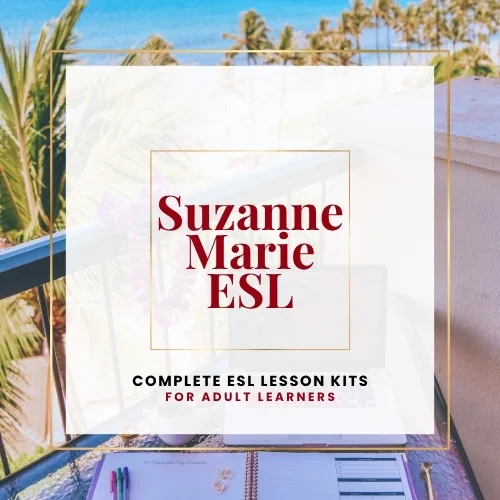Suzanne Marie ESL: complete ESL lesson kits for adult learners, shown over a tropical balcony workspace